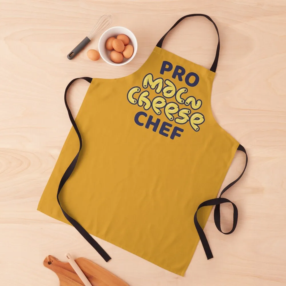 Delantal profesional para chef de mac y queso, arte con letras amarillas y azules, regalo para amantes del macarrones y queso, delantal uniforme de peluquero