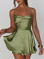Women Sleeveless Satin Playsuits Fashion Summer Short Sling Backless Jumpsuits Cross Tie-Up Bandage Romper Streetwear Outfit - Image 4
