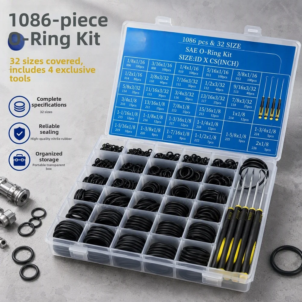 1086 Pc O Ring Kit Compatible with For SAE Standards Featuring 32 Dimensional Variants for Vehicle Plumbing and Fixture Repairs