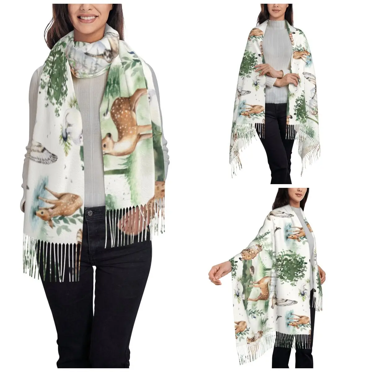 Cute Forest Deer Owl Hedgehog Nursery Design Shawl Wraps for Ladies Winter Scarf Watercolor Woodland Pashminas Tassel Scarves