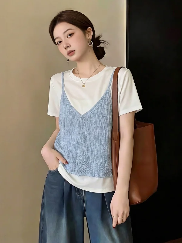 Light Blue Knitted Vest Top Women's Summer New plus Size White Short Sleeve T-Shirt Two-Piece Set Korean Style Loose Fit
