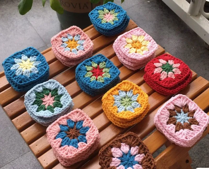 7cm DIY Crochet Multicolor Coasters Square DIY Creation For Sewing Clothes Blankets Decoration Handmade Cup Pad Patch