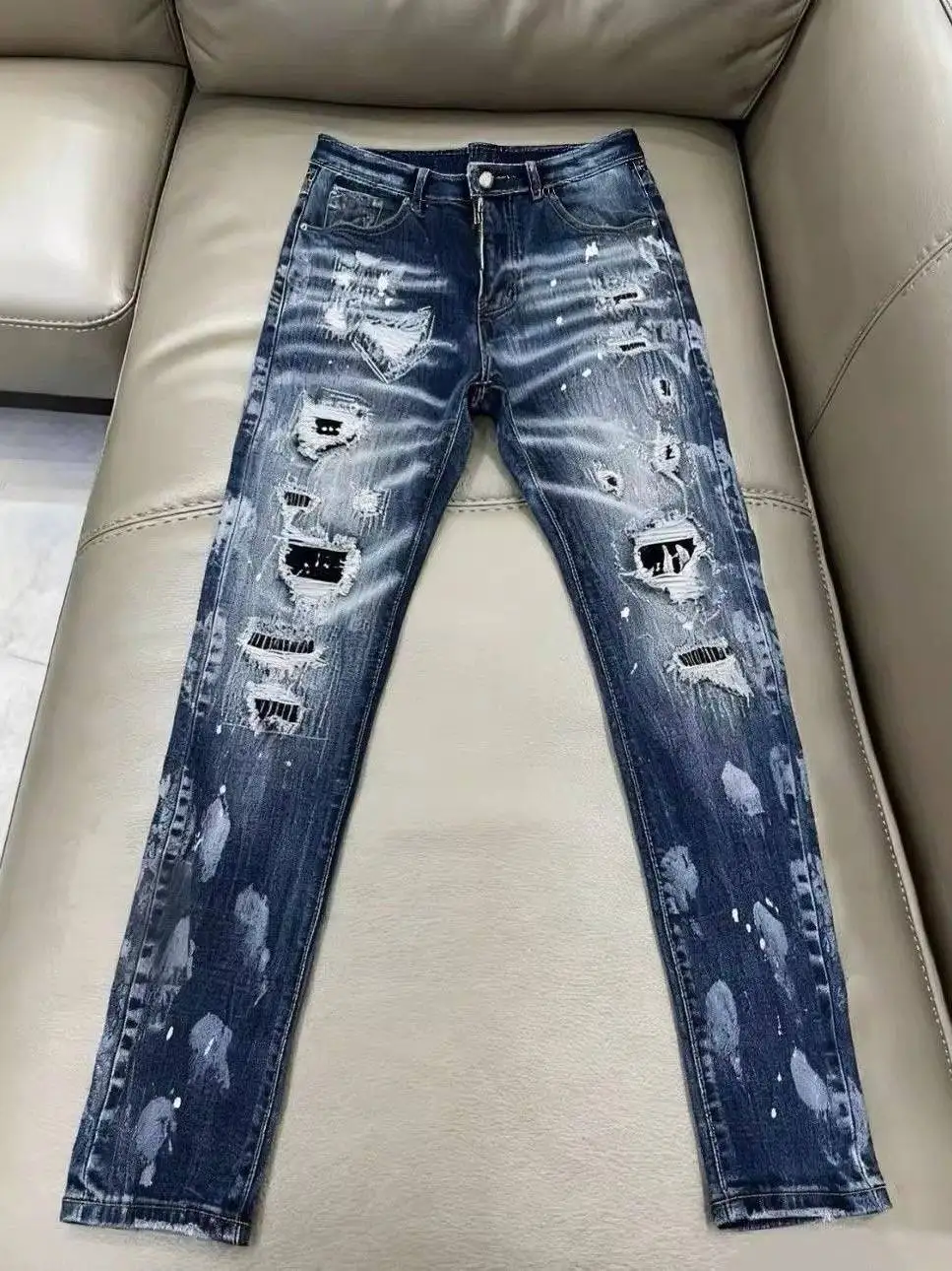 

Мужские джинсы-скинни в стиле американского люкса, с эффектом потертости, повседневные, длинные брюки, модная молодежная одежда для отдыха, средняя посадка на талии