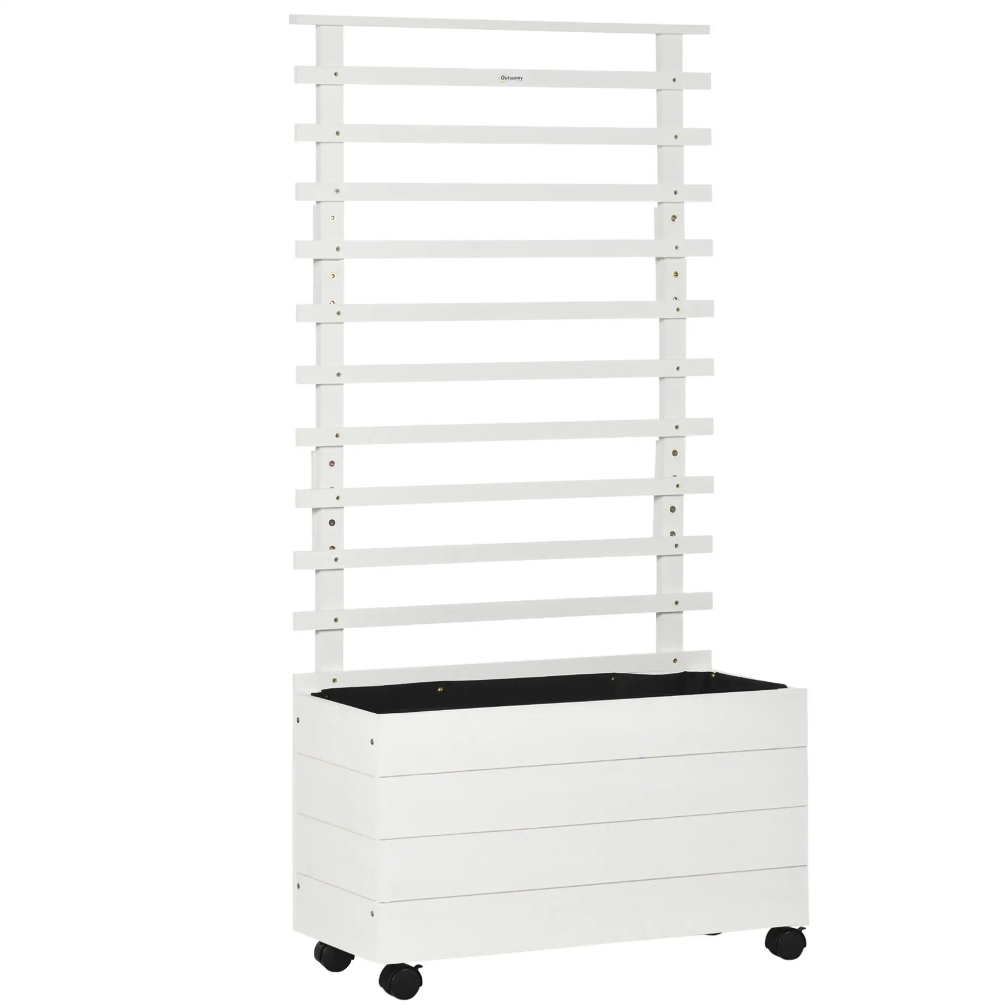 Lit surélevé Outsunny avec treillis en bois massif, 4 roues avec 2 freins, géotextile 76x30x155 cm Blanc