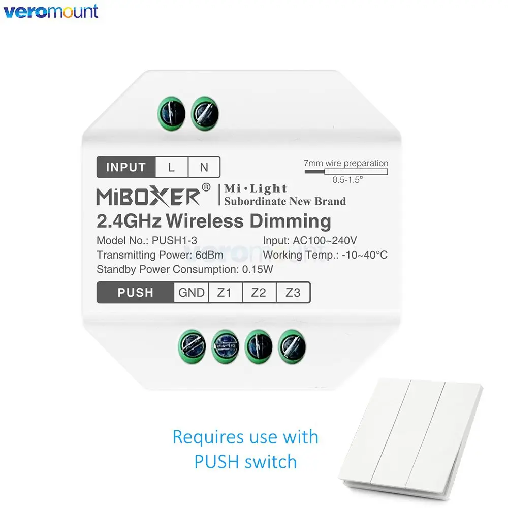 3-Zone PUSH1-3 AC110V 220V PUSH2-3 Battery Powered Wireless Dimming Remote for MiBoxer 2.4G CCT Brightness LED Controller Lamp