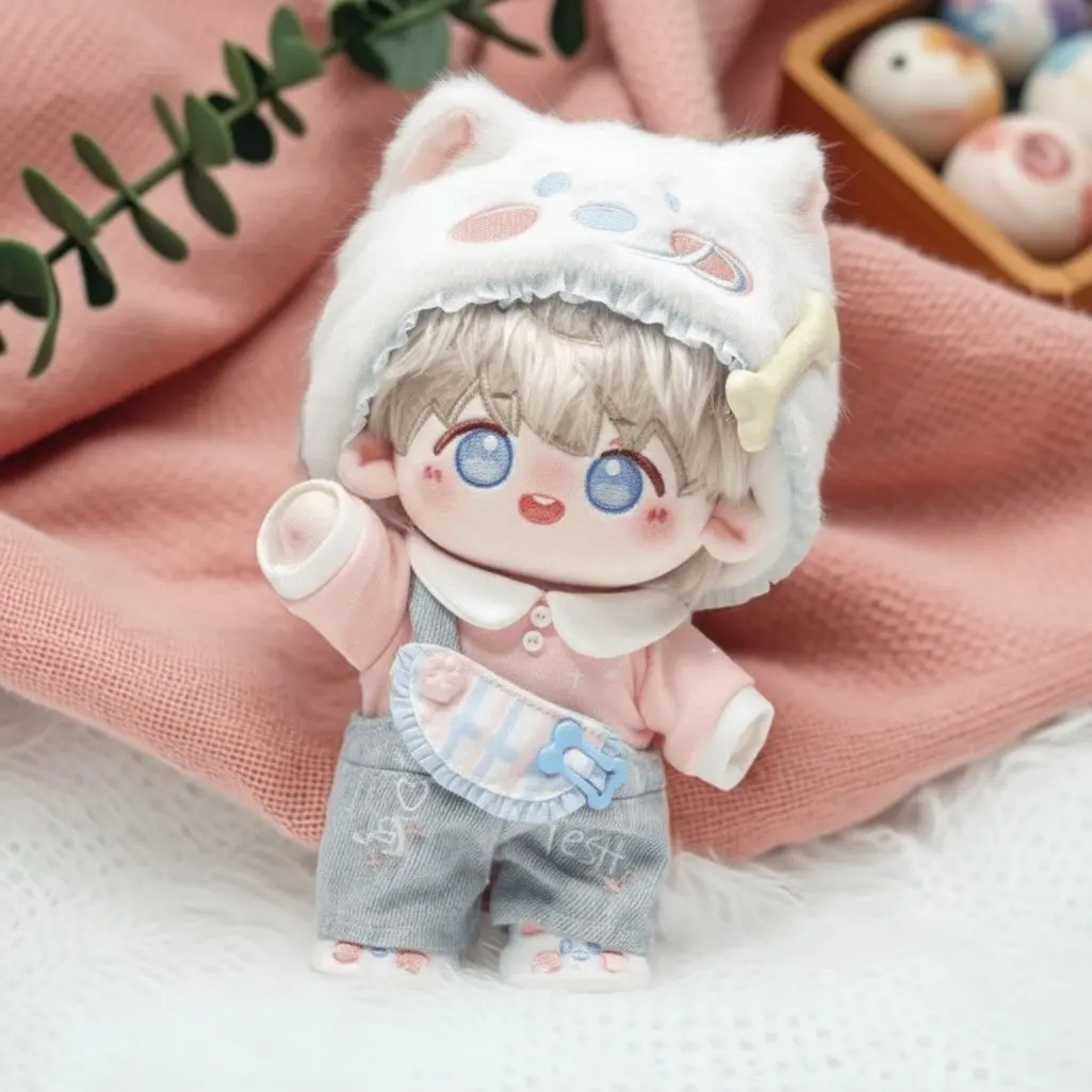 

10Cm No Attribute Cotton Doll Clothes Winter Cat Ear Hooded Outfit Fit Normal And Star Body Doll Pink Top Gray Overalls Set