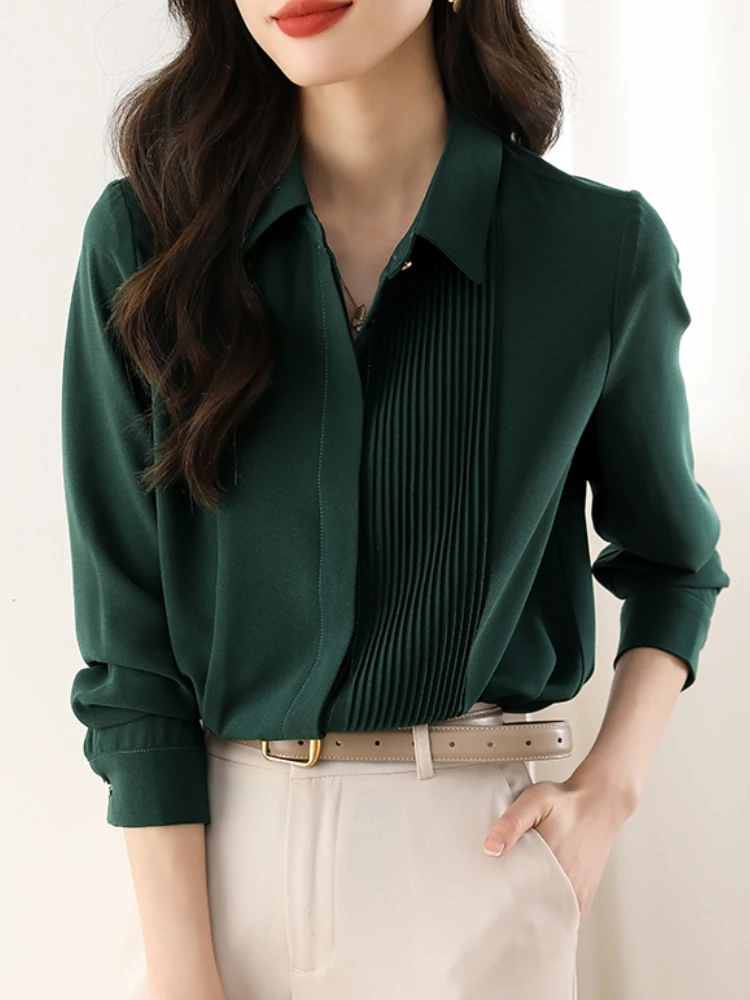 2024 High Quality Chic Fashion Accordion Pleated Blouses Women Korean Vintage Office Lady OL White Shirts Tops Blusas Mujer