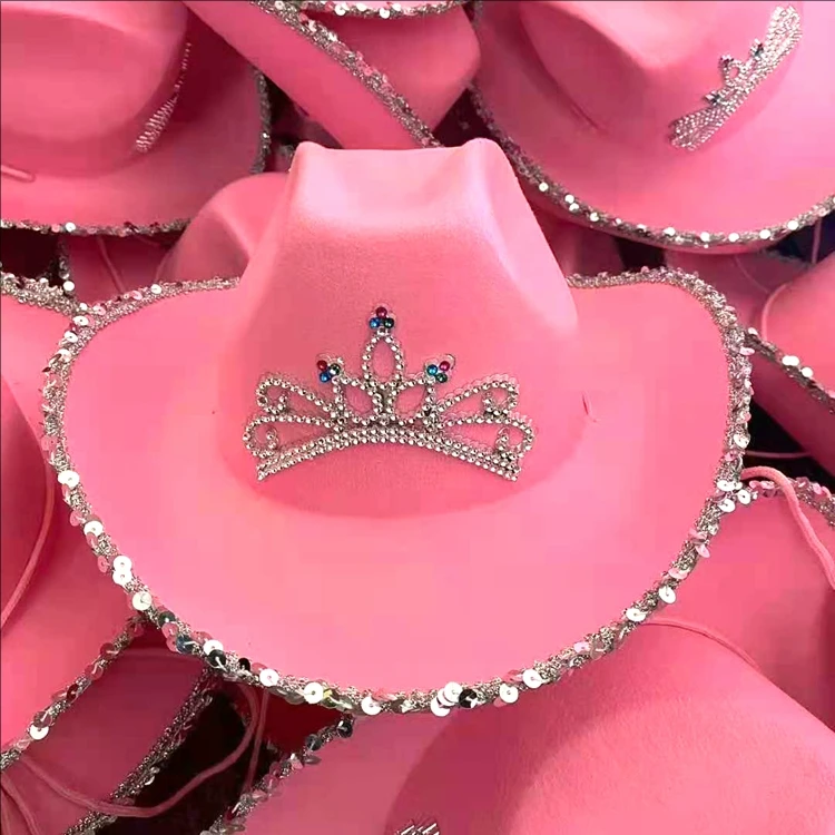 Western Pink Crown Hat Caps for Women Girls Cowgirl Tiara Feather Felt Sequin Cowboy Cap Party Caps Halloween Cosplay Props
