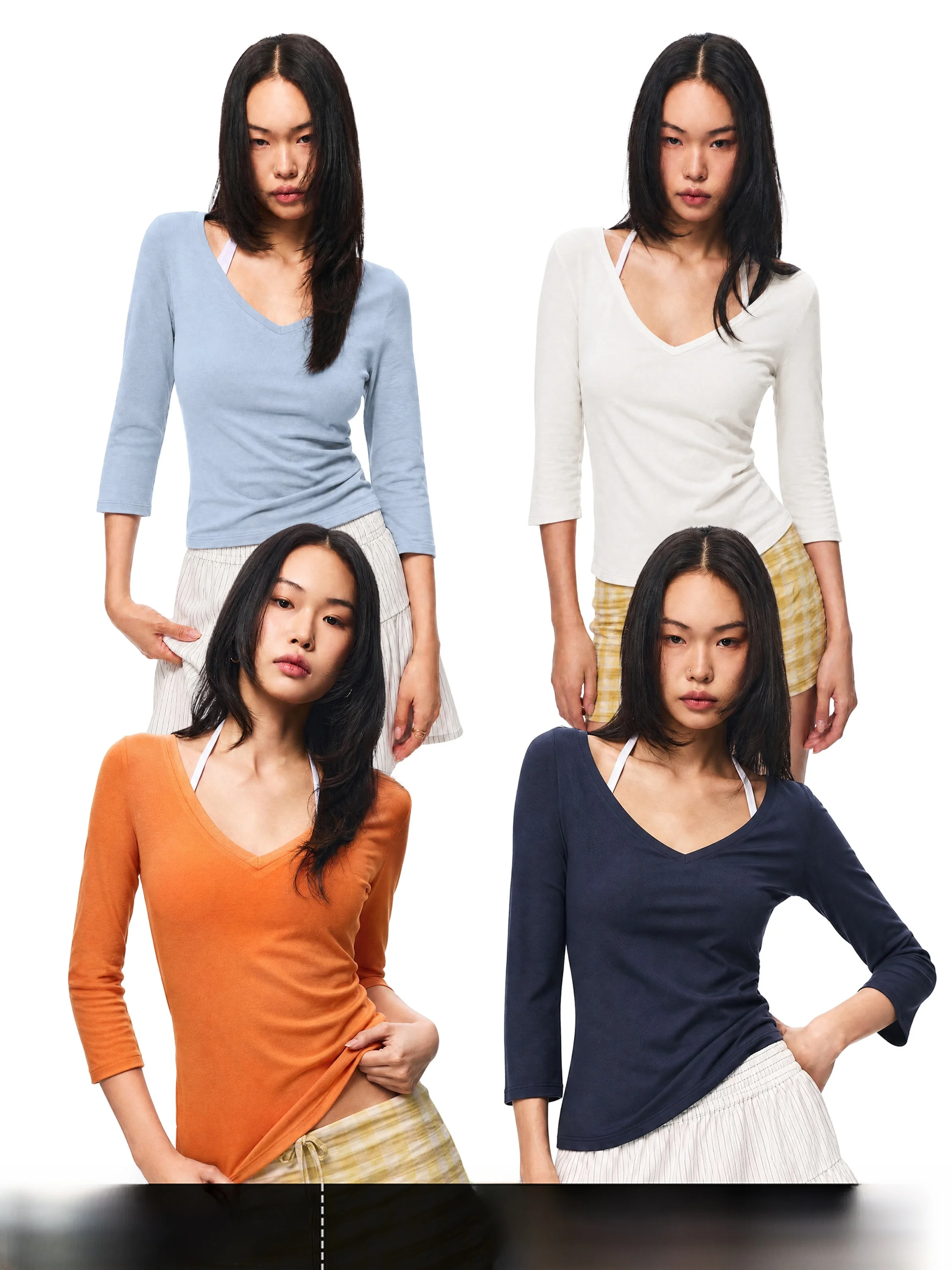 Loose Casual Women's V-neck 3/4 Sleeve T-shirt Cotton Pure Color Autumn New Style GO GO BURN Slimming Versatile Top