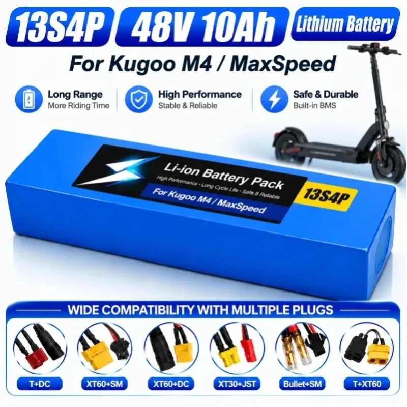 48V 10Ah Akkupack 2000W 13S4P Lithium-Ionen 18650 Zellen Wiederaufladbare Elektroroller-Batterie für Kugoo M4 M4Pro M5 M5Pro Upgrade-Stromversorgung Große Reichweite EU-Lager Schneller Versand