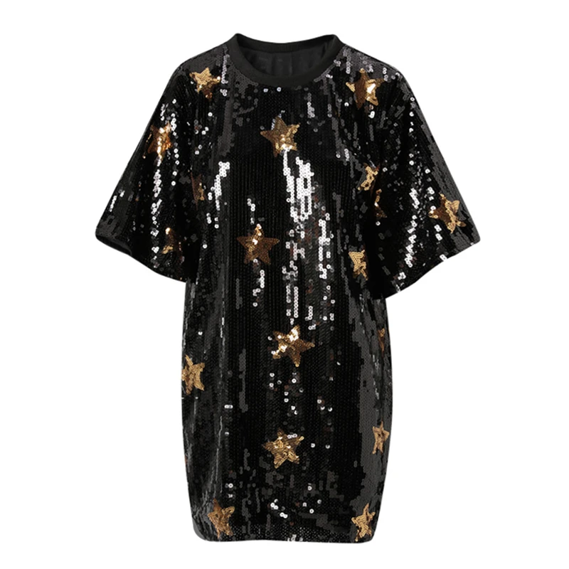New Spring/Summer Women's Round Neck Heavy Sequined Five-Pointed Star Short-Sleeve T-Shirt, High-Quality Fashionable Loose Top