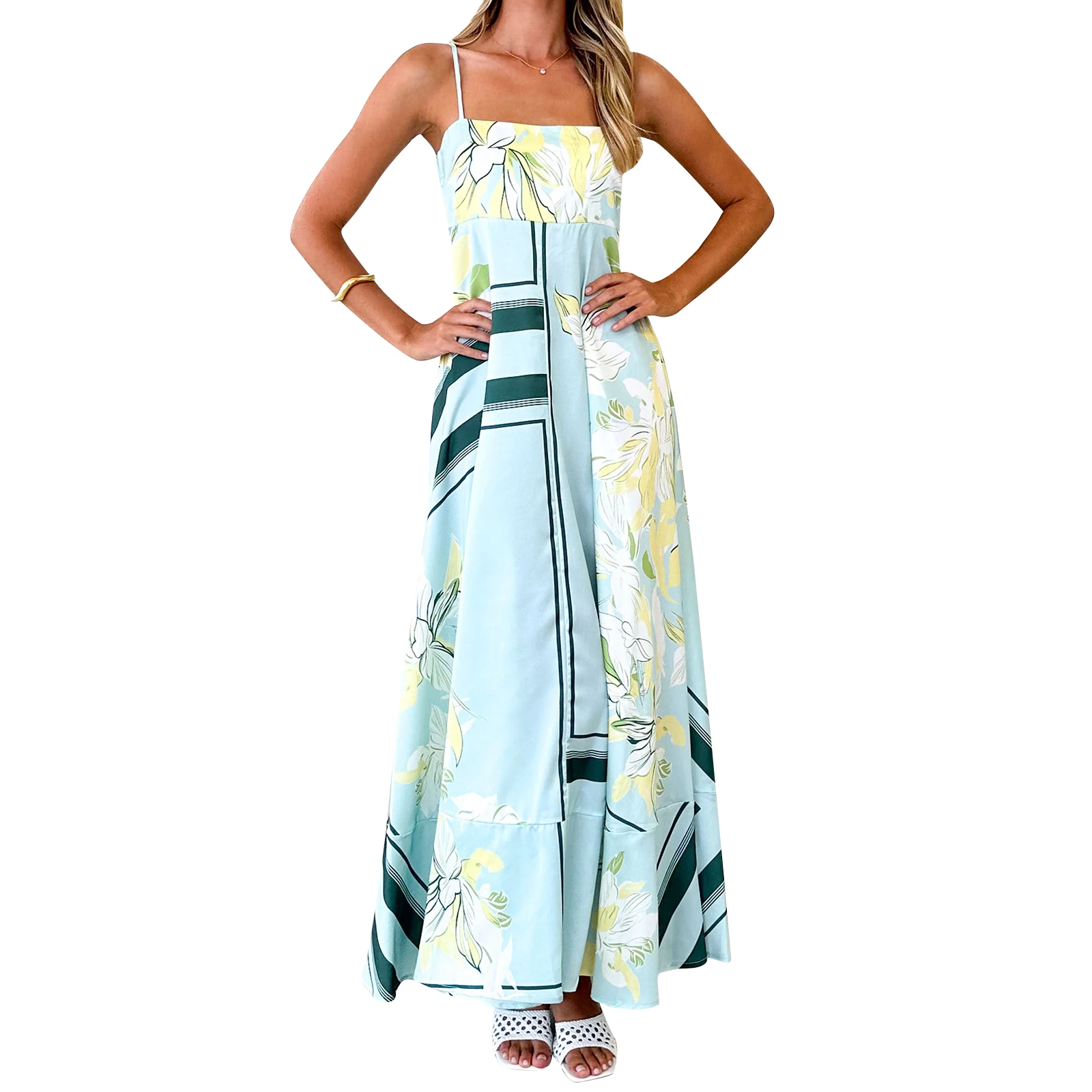 2025 Women's Long Cami Dress Stripe/Dot Print Spaghetti Strap Backless A-Line Flowy Dress