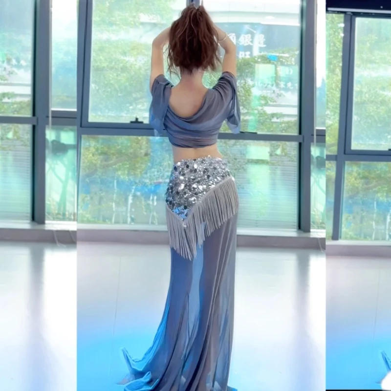 Bellydance 의상 연습 복장 3 피스 탑 스커트 술 엉덩이 스카프 세트에 대한 맞춤형 하이 엔드 플러스 사이즈 성능 세트