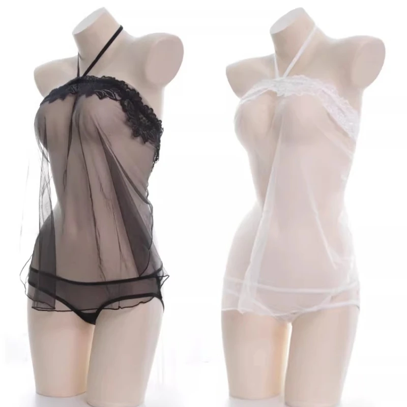 Anime Lace Fairies Mesh See Through Sleeping Dress Set Sexy Transparent Underwear Backless Bandage Underwear Role Play Outfits