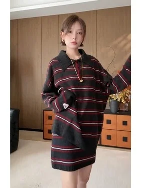 

plus Size Women's Korean Sle Striped Knitwear Set High Waist Skirt Long Sve Comfortable Faion Autumn Winter Outfits