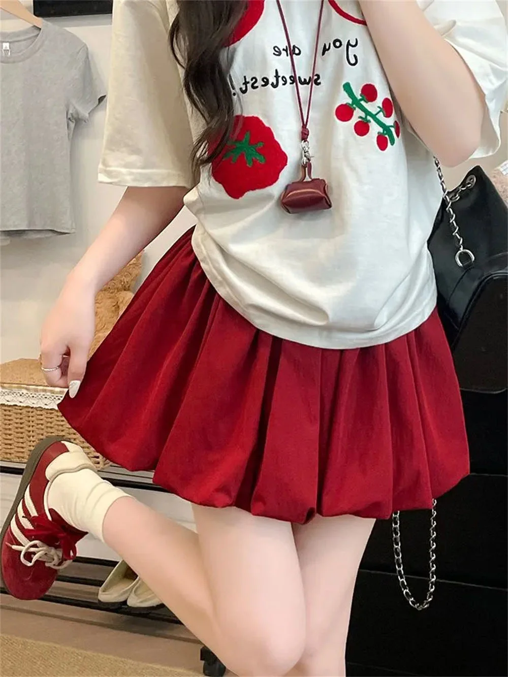 Mini Skirt High Waist A-Line Slimming Summer Skirt With Built-In Shorts For Petite, Pleated Puff Hem Pin Women'S