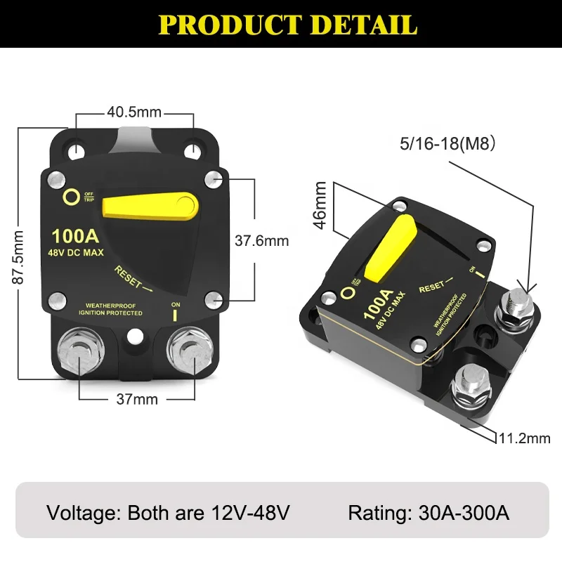 12V 48V High Voltage 2-Pole Steel Automotive Manual Reset 50A 60A 100A 150A 200A 120A Din Rail Mount 18kA Circuit Breaker