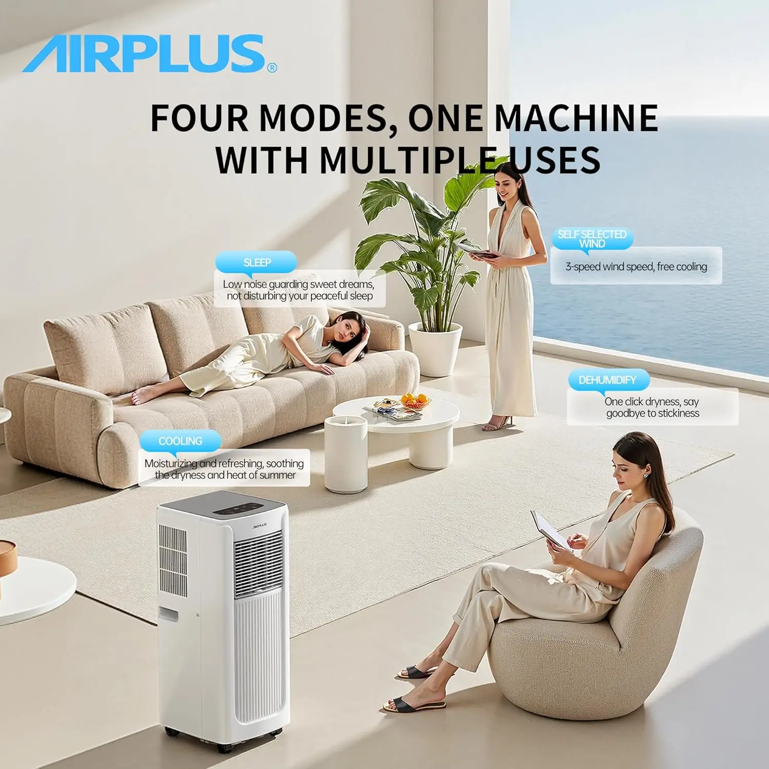 AIRPLUS BTU Portable Air Conditioner 550 Sq Ft, AC Unit with Dehumidifier Remote Sleep Mode Quiet Cooling for Bedroom Home Office