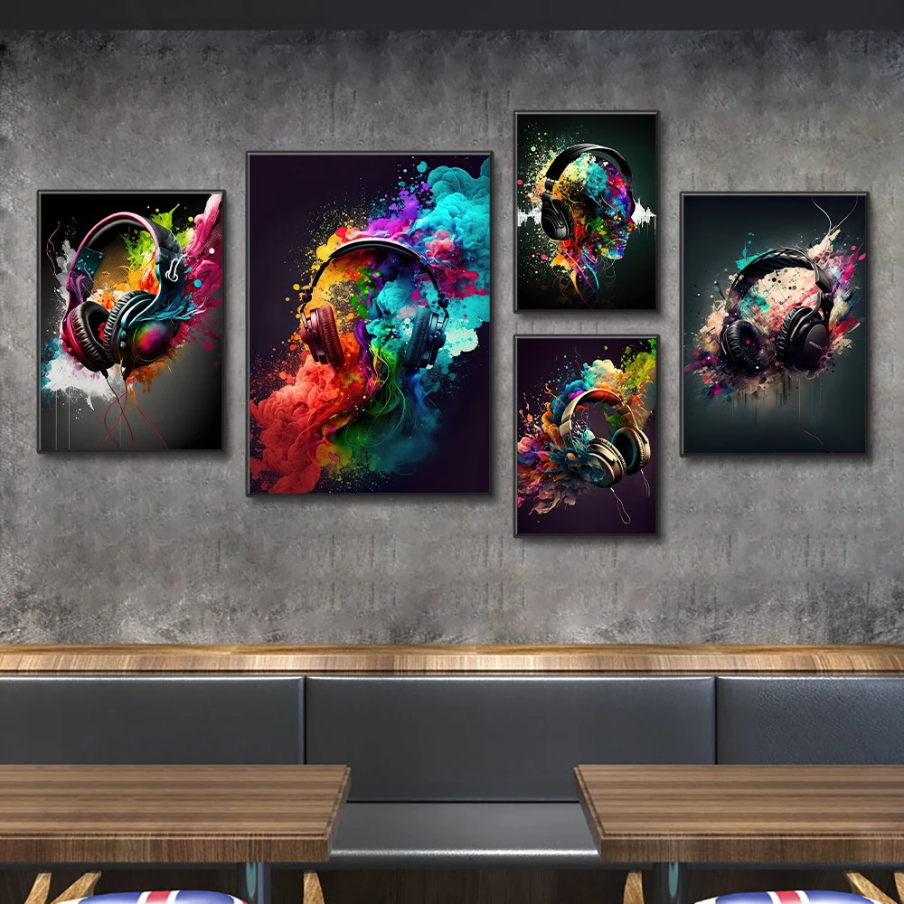 Vintage Neon Pop Colorful Headphones Poster Aesthetic Gaming Music Canvas Painting Wall Art Pictures for Gaming Room Home Decor