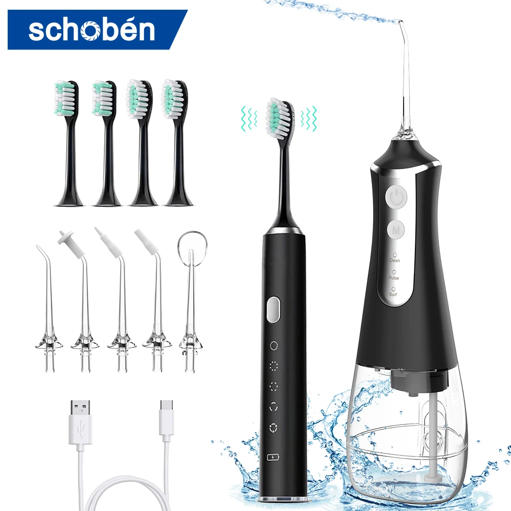 Irrigateur buccal, Jet d'eau dentaire Portable, réservoir d'eau de 300ML, nettoyeur de dents étanche avec brosse à dents électrique