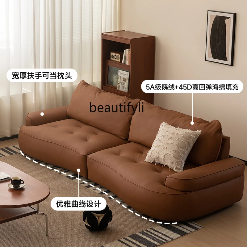

Italian minimalist leather sofa first layer cowhide straight row living room combination retro leather sofa
