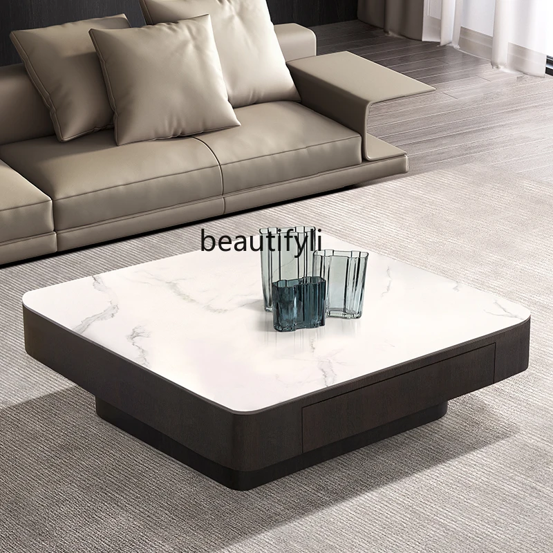 

Living Room Coffee Table Stone Plate Minimalist Light Luxury High-Grade Smoked Wood Rounded Corner Square Coffee Table