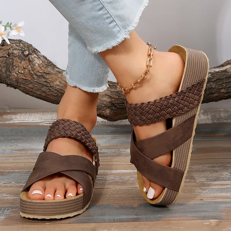 Pattern Thick Bottom Cork Sandals Women Summer Non-Slip Platform Slippers Woman Cross Strap Casual Clogs Slides Shoes 2024