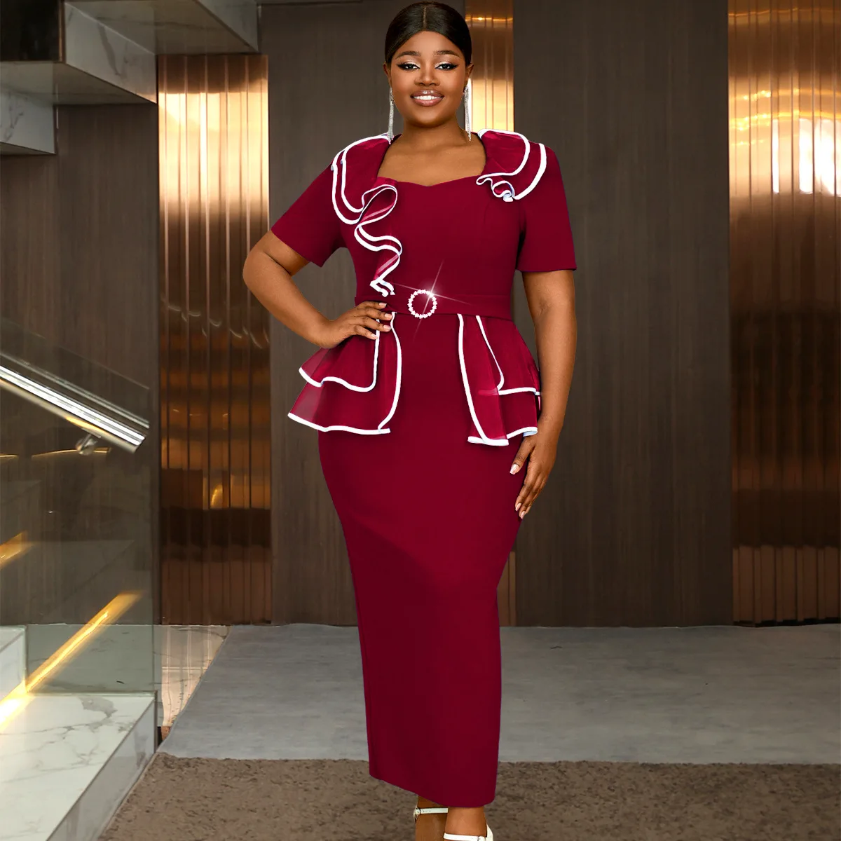 

African Dresses For Women Summer Autumn Africa Clothing Short Sleeve Sexy V-Neck Polyester Slim Office Lady Party Dress