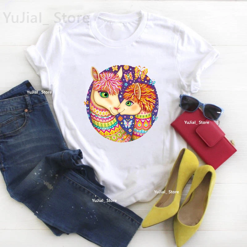 Colorful Llama Art Butterflies And Flowers Print Tshirt Girls Harajuku Kawaii Clothes Summer Fashion Tops Tee Shirt Femme