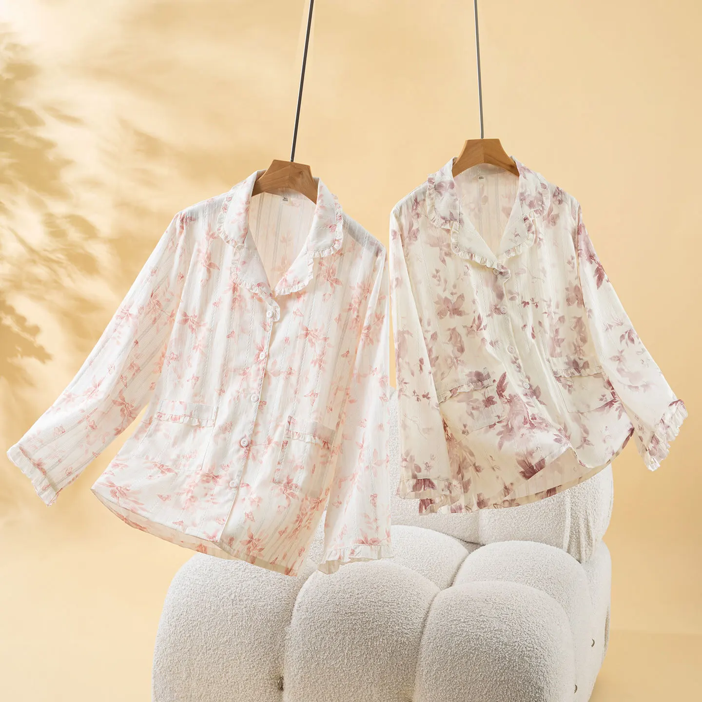 

Women's Pajama Set Print Floral Cotton Retro Women Home Clothes Long Sleeve Shirt Pants Two Piece Set