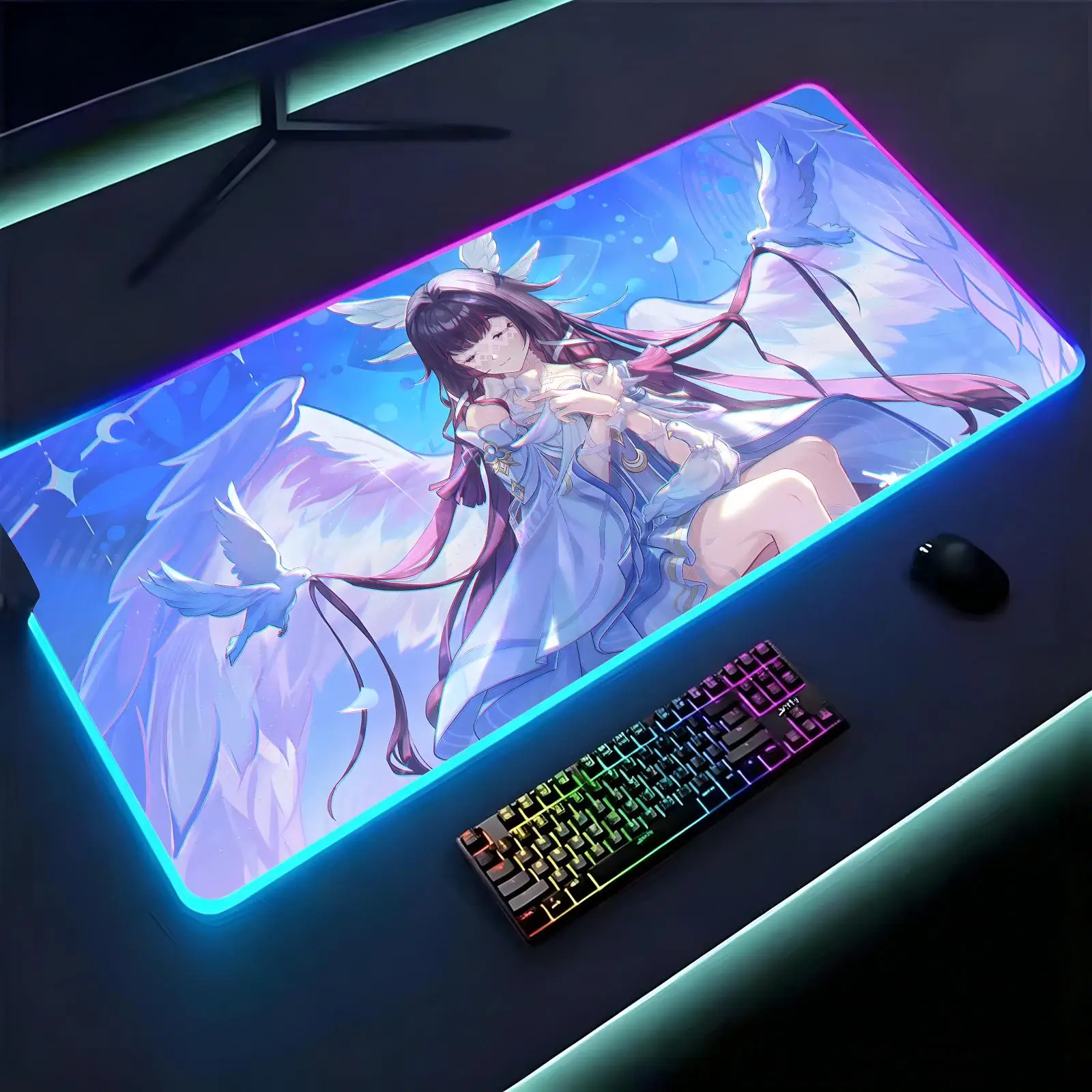 Large RGB backlit esports gaming mouse pad, Genshin Impact Columbina smooth soft cloth surface, LED luminous extended desk mat