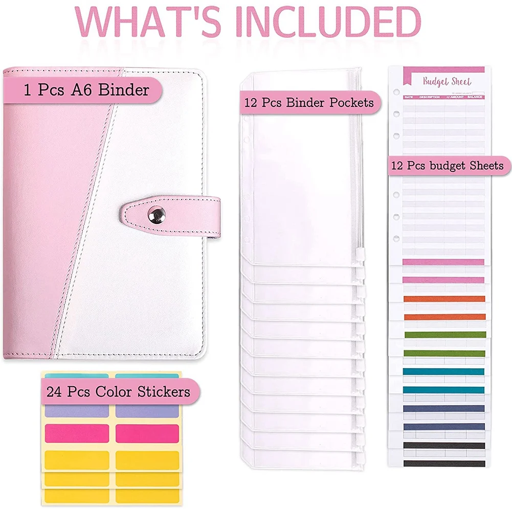 A6 PU Budget Binder,Cash Envelopes for Budgeting with Zipper Cash Envelopes,12 Budget Envelope,24 Self-Adhesive Label A