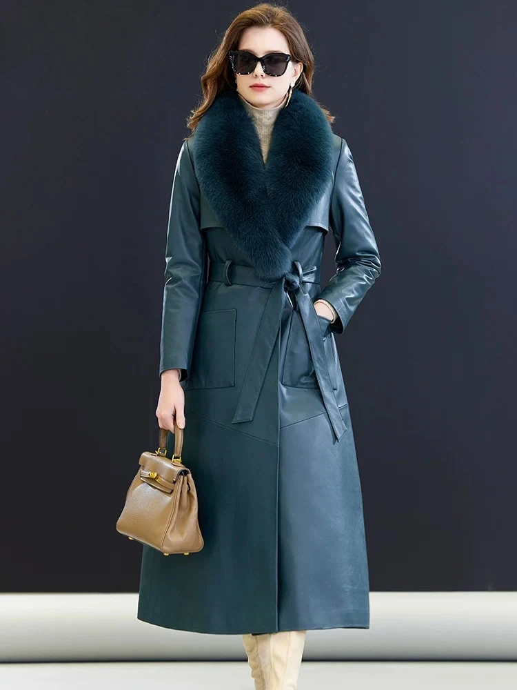 AYUNSUE Real Leather Down Jacket Women Natural Sheepskin Winter Coat Belt Fashion Windbreaker Warm Mink Fur Collar Detachable