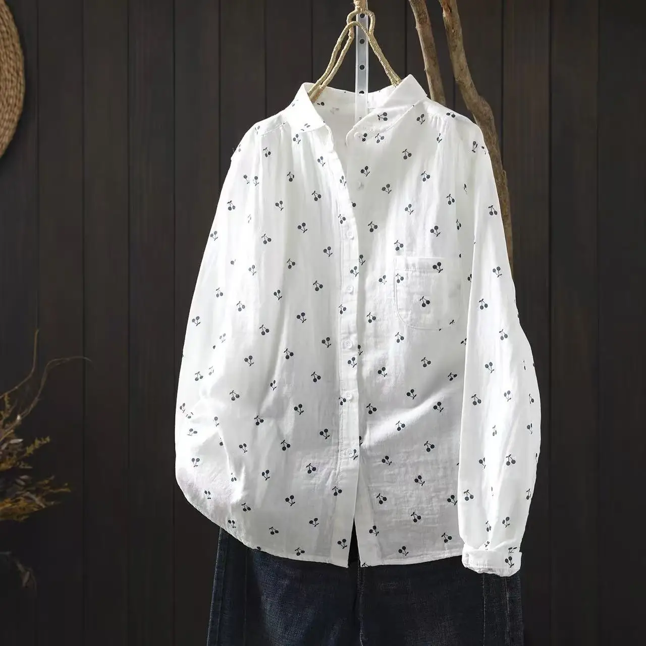 

2026 Women's Cotton Yarn Cherry Print Button Down Shirt Japanese Style Long Sleeve Blouse Loose Fit Daily Wear Tunic Top