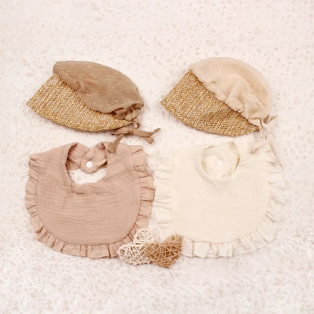 Gorro con babero para niños, conjunto de dos piezas con encaje, toalla de baba de algodón para sombrear el sol y protección solar, sombrero de palacio, sombrero de hierba, babero para bebé