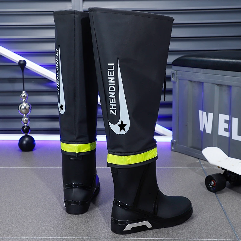 トレンドのオーバーニー防水メンズレインブーツ、滑り止め、重ね履き可能、アウトドアフィッシングブーツ、軽量、フラットボトム、厚底ヒール