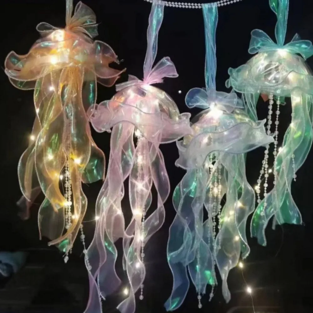 Jellyfish Lamp Portable Flower Atmosphere Night Light Girl Room Hanging Light Decorations Handmade DIY Ceiling Lantern Ornaments