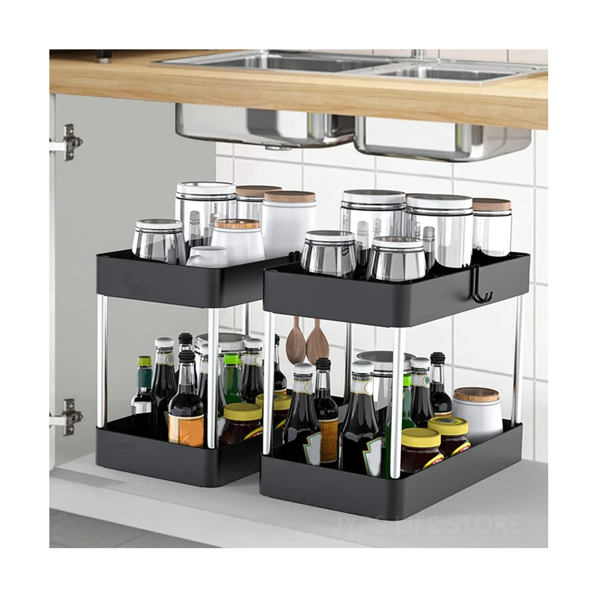 Multiuso armazenamento Rack gaveta, armário de cozinha, banheiro prateleiras, 2 Tiers, 2pcs