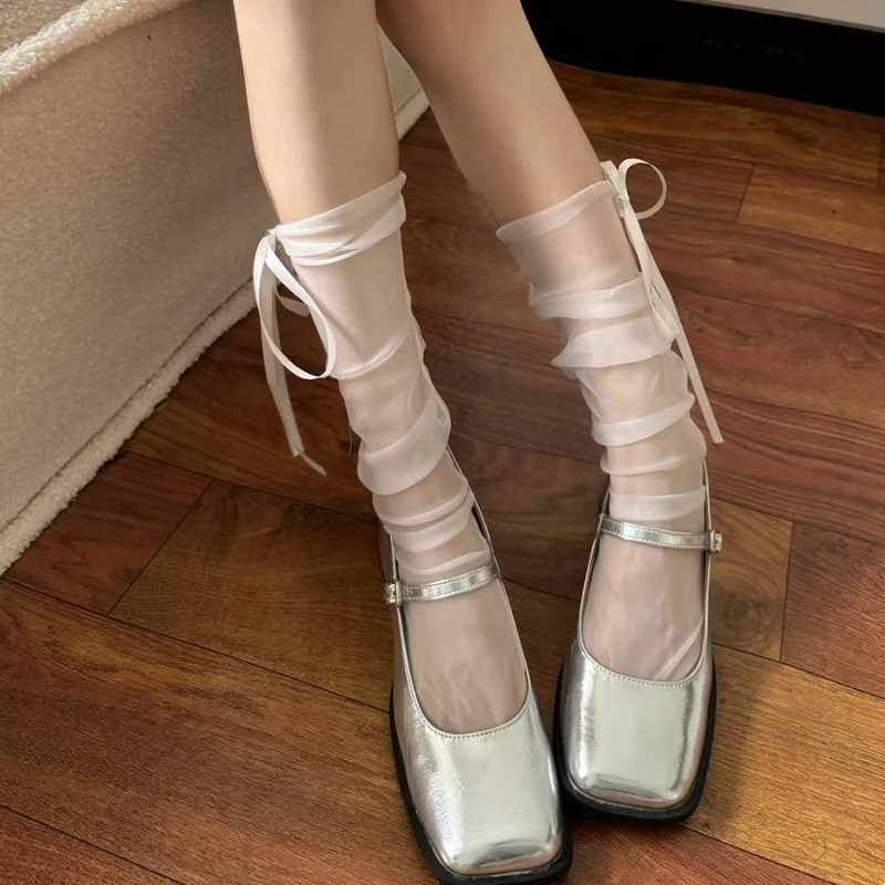 Balletcore ربطة القوس فيونكة شبكة صيد السمك الجوارب شير الدانتيل التراص الجوارب لفصل الصيف الحلو لوليتا نمط Legwear الكورية موضة جوارب بحزام #2