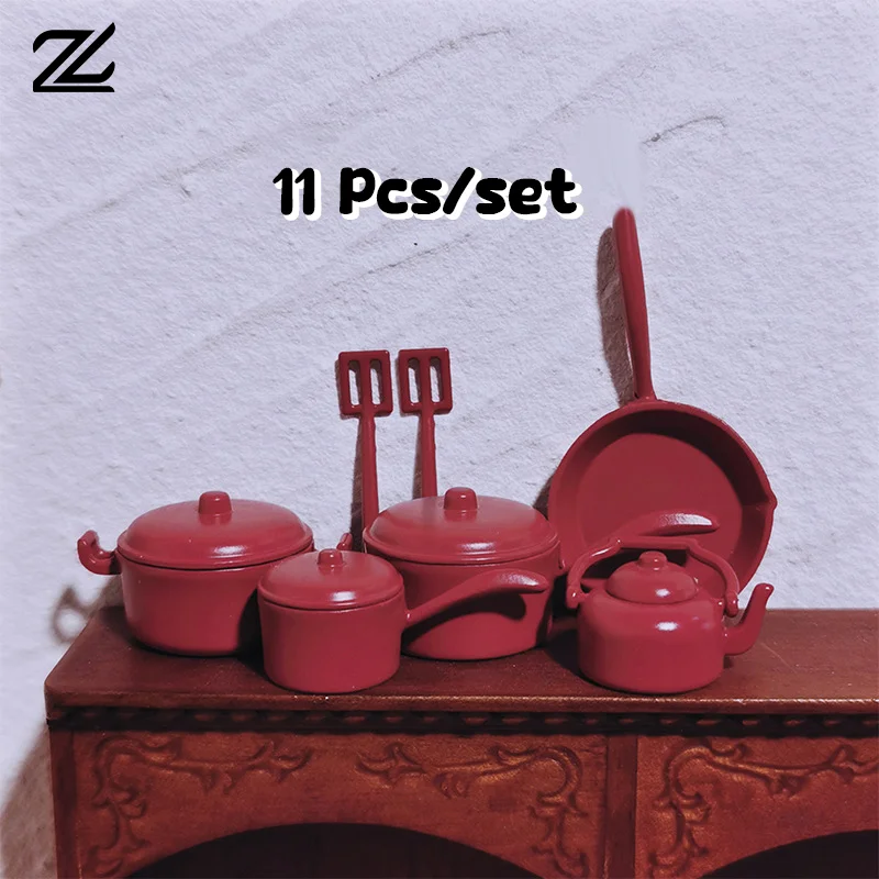 11Pcs 1:12 Dollhouse Kitchen Miniature Metal Mini Pot Set Doll House Cookware Furnitures Christmas Role Play Party Decoration