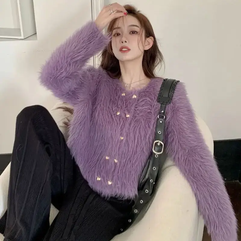 Short Cardigan With Heart-Shaped Buttons Women Fluffy Jacket Gentle Warm Thickened Fashionable Korean Style Cardigan For Women