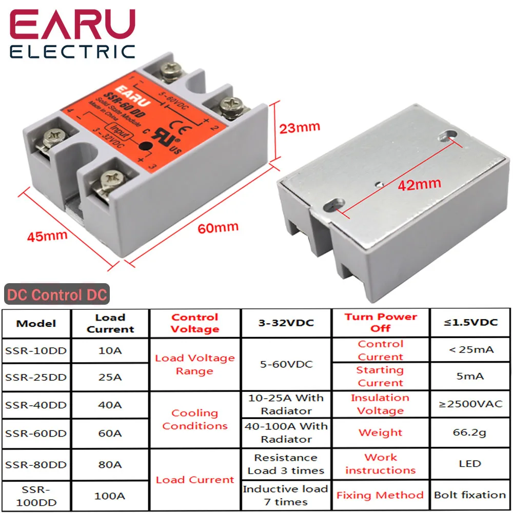 SSR-40DD SSR-60DD SSR 10A 25A 40A 60A 80A 100A 120A Solid State Relay Module DC 3-32V Input DC 5-60V Output Voltage Transformer