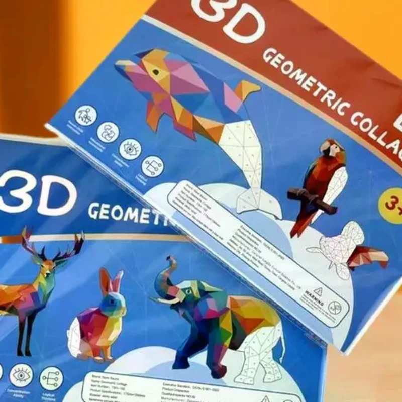 1 ensemble de décalcomanies de jouet d'éveil d'entraînement cognitif d'animaux, Collages géométriques 3D, Puzzle pour enfants, améliore la mise au point, autocollants faits à la main