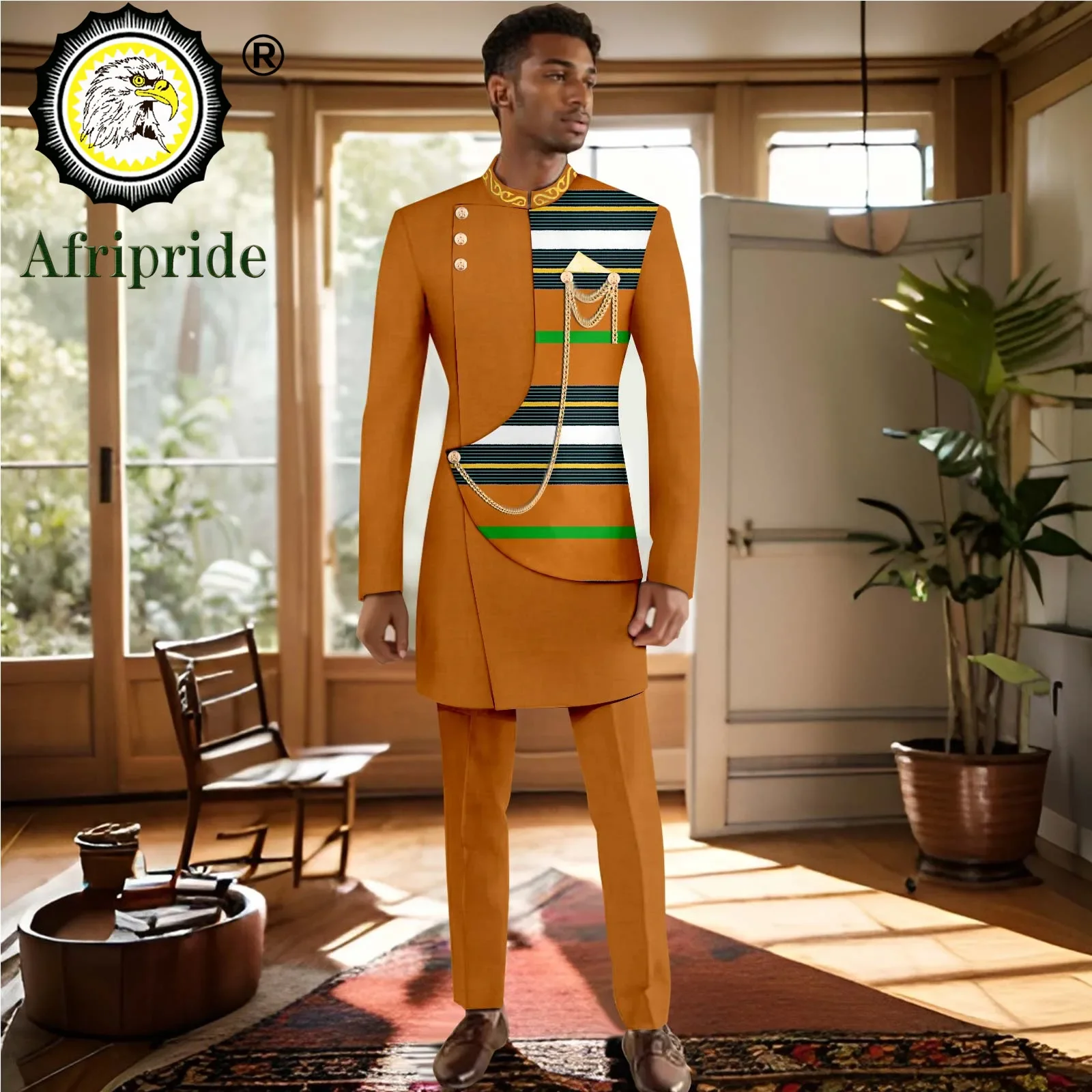 Men`s Suit Slim Fit Embroidery Gold Chain Single Breasted Blazer and Trousers 2 Piece Set Print Outfits African Clothes 2416062