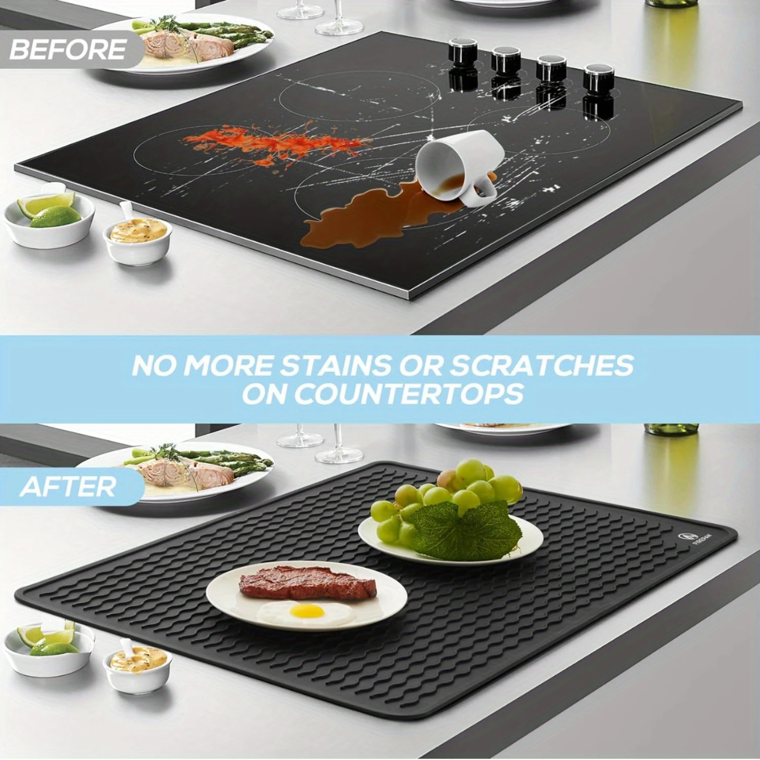 Stove Top Protector Mat - Heat-Resistant  Glass Stove Cover, Multi-Functional Dish Drying Mat with Ridges, Effective Counter Top