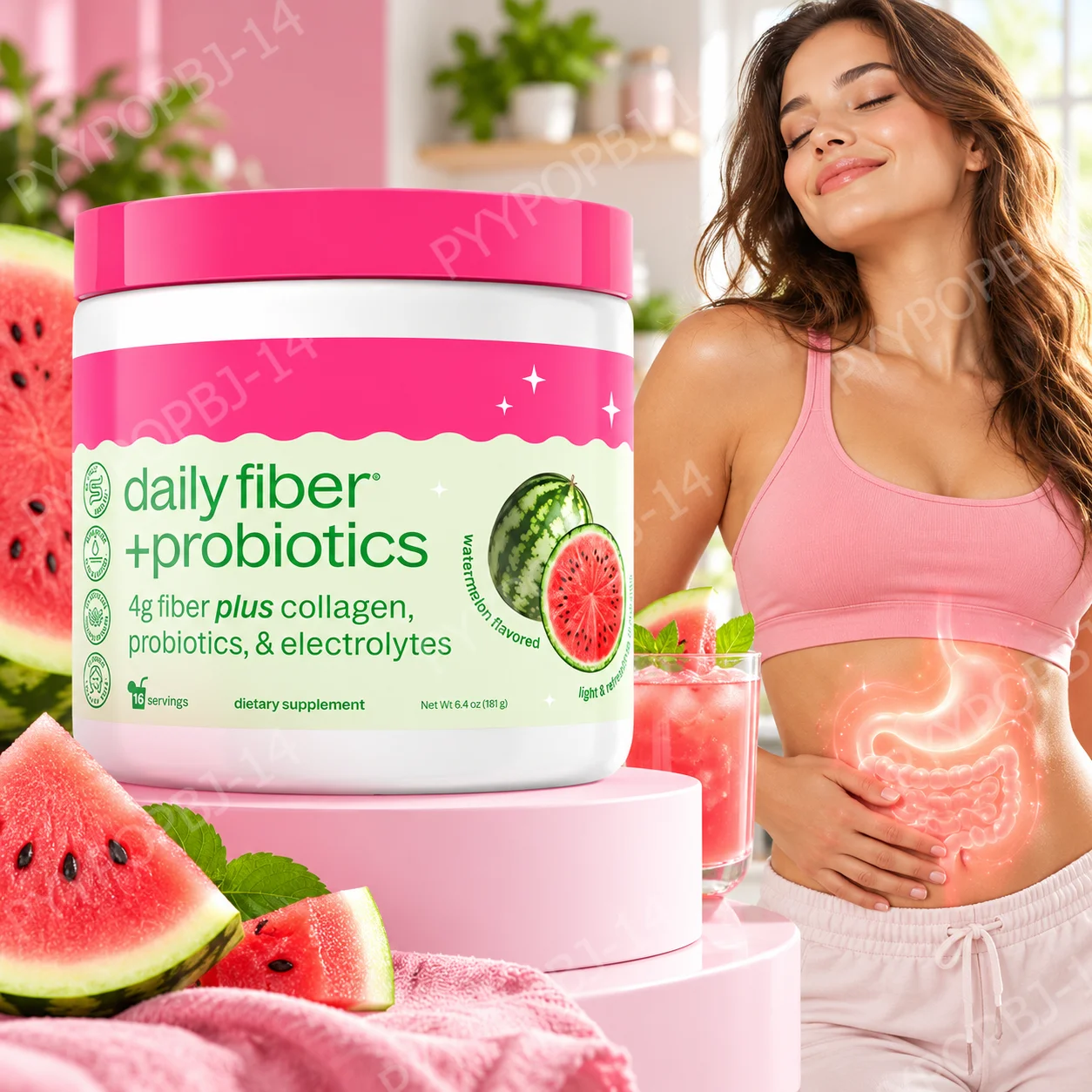 Fiber Probiotics Powder,Support Gut Health&Digestion,Boost Skin Radiance,Hydrating Electrolytes&Collagen,Watermelon Flavor 181g
