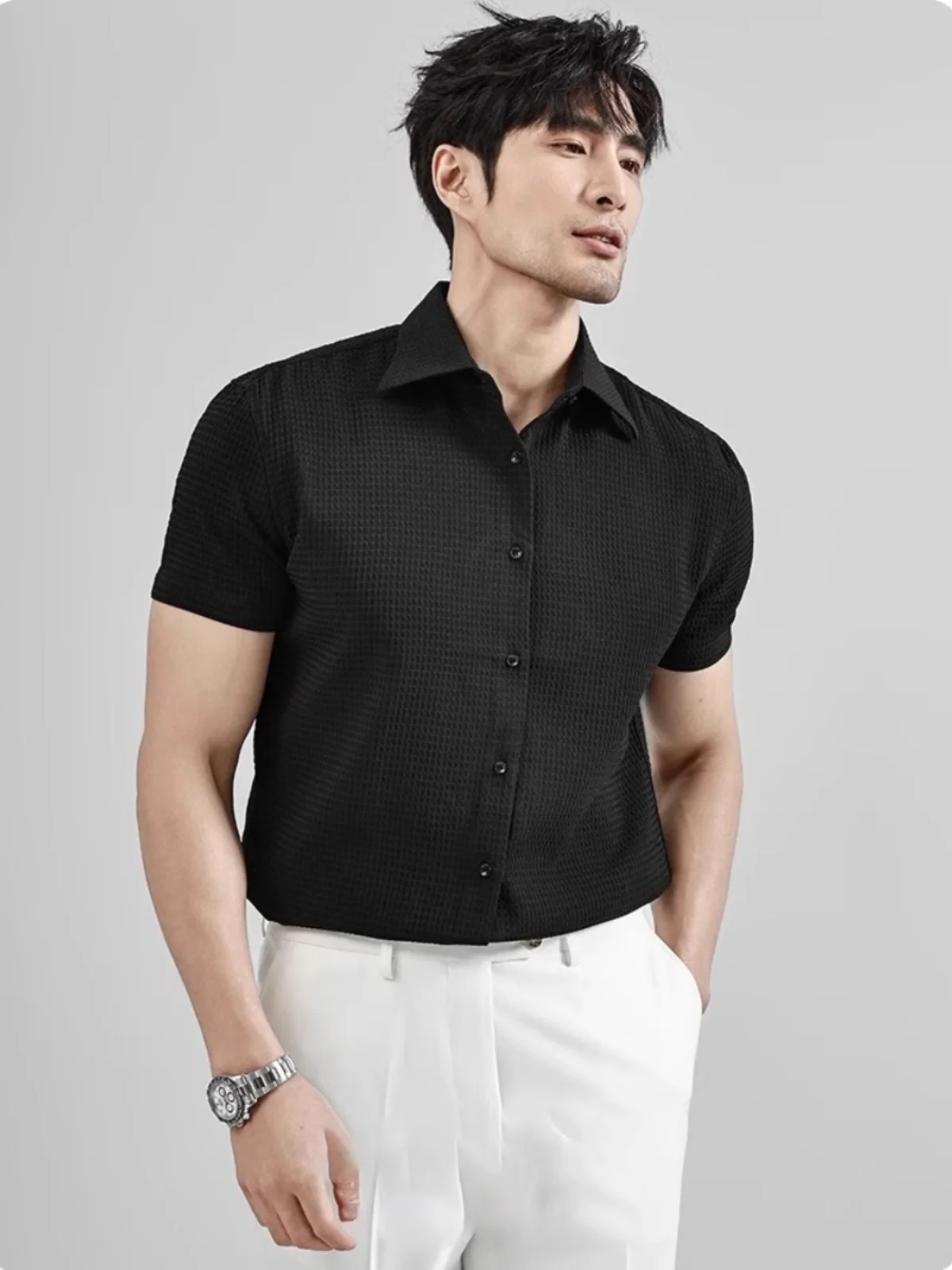 

Summer Thin ort Sve Slim Fit Busin irt Men's arp Point Collar Pure Color Gingham Pattern Iron-Free Casual irt