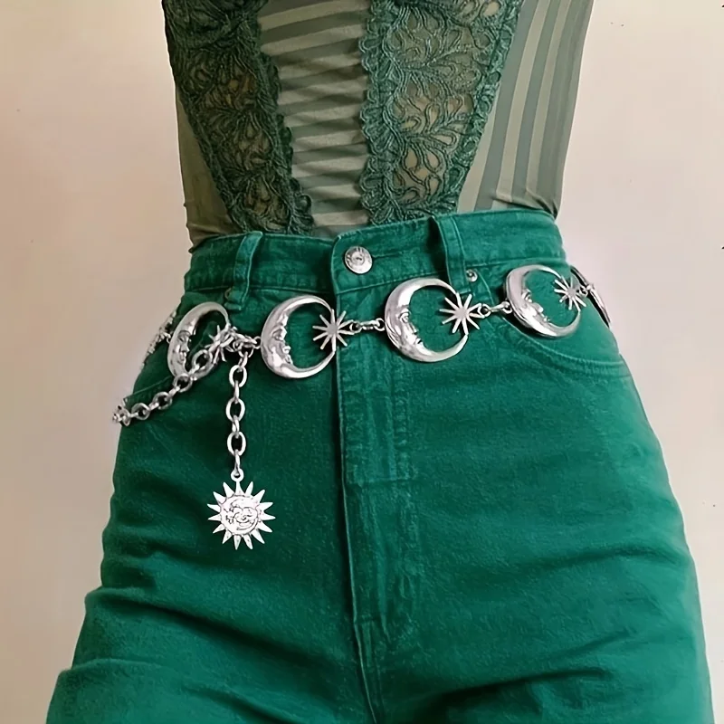 Cadena de cintura de aleación de luna de Sol de estilo Retro multicapa personalizada para mujer, cadena de cuerpo de Jeans