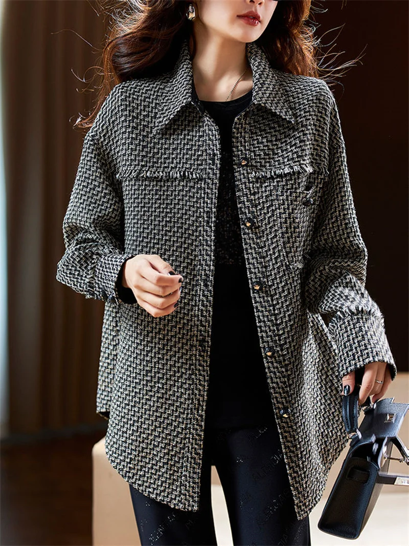 Women's 2024 Spring and Autumn New Loose and Versatile Long sleeved Thousand Bird Checker Hong Kong Flavor Outwear Shirt Coat