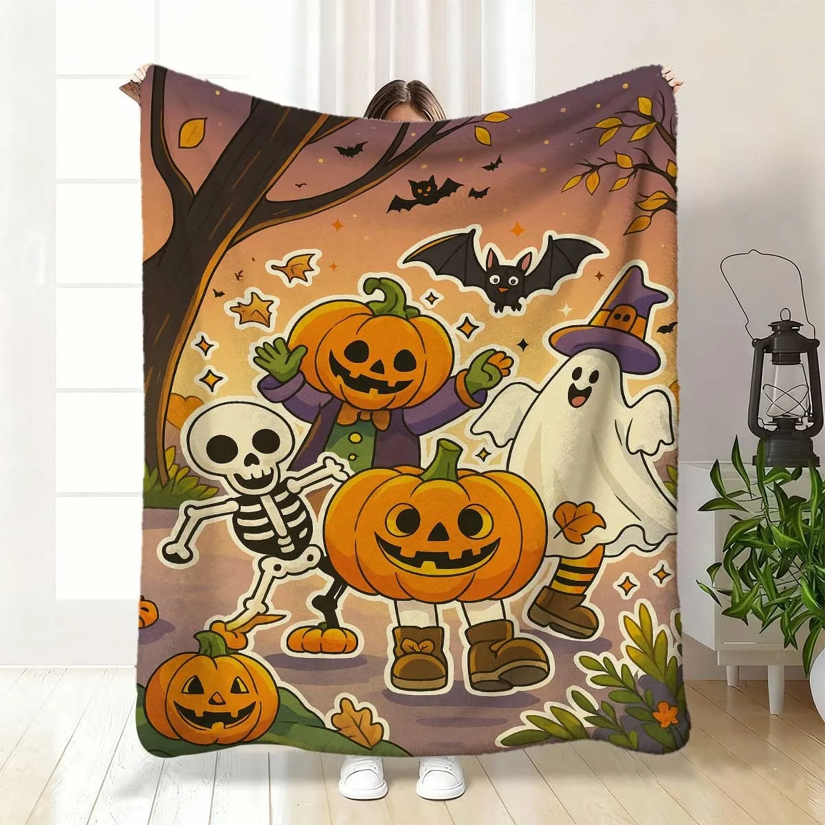 Spooky Throw Blanket Pumpkin, Ghosts, Dancing Skeletons Soft Flannel AllSeason Bedspread Lightweight & WrinkleResistant Perfect for Party Decor, Blanket, F